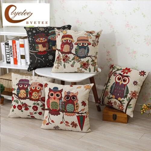 [byetee] Owl Cotton Cushion Covers Sofa Cushion Cases Cotton Linen Cushion Decorative Pillows Pillow Cover Coussin ( No Inner)
