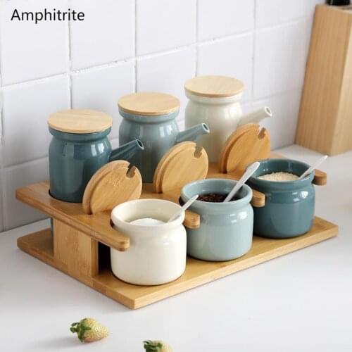 Nordic Ceramic Spice Bottle Jar House Spice Box With Support Wood Salt Shaker Bottle Oil Kitchen Supplies Food Container