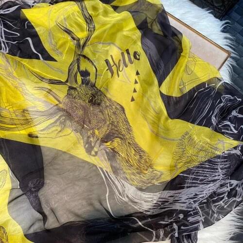 New Black Yellow Chiffon Silk Scarves Fashion Brand Elk Design 100% Pure Silk Long Shawl Scarf Fall Winter Women Scarf180*110cm