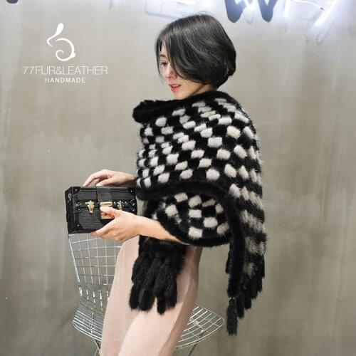 New fashion real mink wool woven fur scarf womens fur shawl square stripes thick fur collar