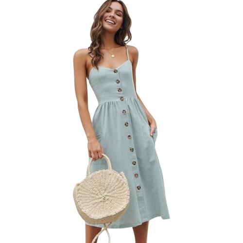 Summer Women Boho Maxi Dress 2019 Sexy Sleeveless Backless Straps Long Dress Elegant Button Beach Sundress Casual Vestidos Femme