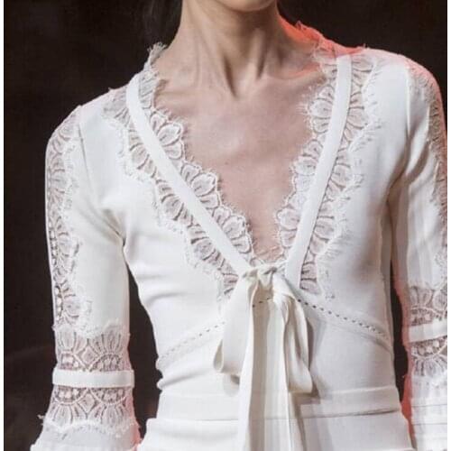 Runway Women Luxury Designer 2020 High Quality Lace Slim Sexy Deep V Neck Bow See Through Mini Ladies Party Dress