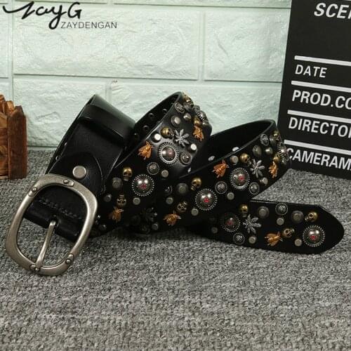 ZAYG Punk Men and Women Pin Buckle Belt Pure Copper Multicolored Bee Rivets Belt Cowhide Simple Wild Casual Pants Jeans Belt