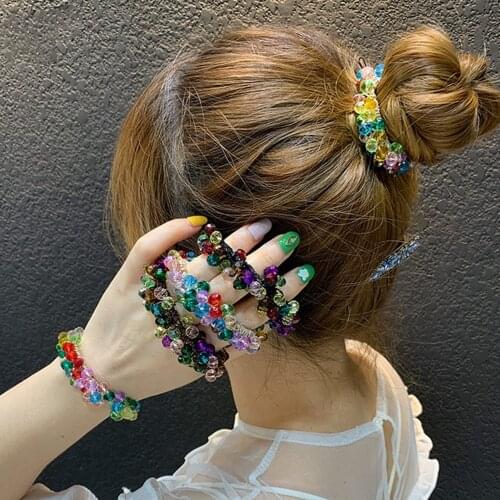 Haimeikang Elastic Scrunchies Korean Fashion Crystal Beaded Rubber Ties Bands Womens Hair Accessories Head rope Headdress