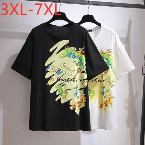 New 2021 Ladies Summer Plus Size Tops For Women Large Short Sleeve Loose Cotton Print Cartoon O-neck T-shirt 3XL 4XL 5XL 6XL 7XL