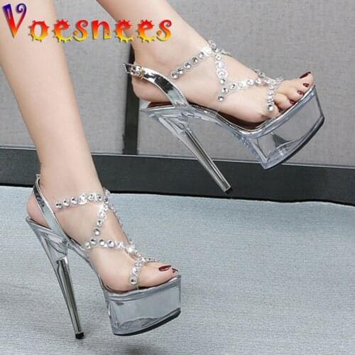 Voesnees 2021 New Sandals Women Summer Transparent Fashion Ankle Buckle Strap Stiletto Female Shoes PVC Crystal Vamp High Heel
