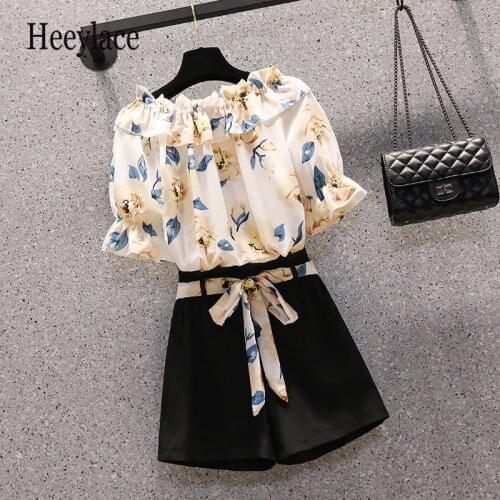 Plus size women two piece set Summer slash neck off shoulder floral print blouse and shorts set for women boho korean sweet suit