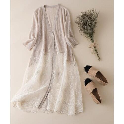 Knitted Cardigan Womens Spring Summer Jacket 2021 New Thin Long Lace Stitching Linen Loose Shawl Sun Protection Clothing zh809