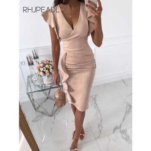 Sexy V-Neck Slim Office Lady Dress Ruffle Short Sleeve Bodycon Knee-length Dresses For Women 2021 Casual Summer Woman Work Dress