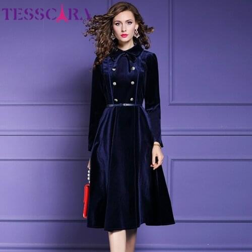 TESSCARA Women Autumn & Winter Elegant Velvet Dress Female Office Cocktail Party Robe High Quality Vintage Designer Vestidos