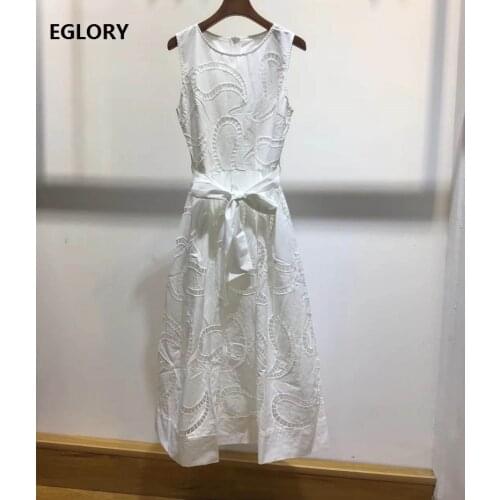 High Quality New 2020 Summer Style Celebrity Women O-Neck Hollow Out Embroidery Sleeveless Mid-Calf White Yellow Dress Belt