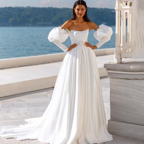 Eightree White Wedding Dresses A-Line Strapless Satin Bride Dress Corset Puff Sleeve Boho Princess Belt Wedding Gowns Plus Size