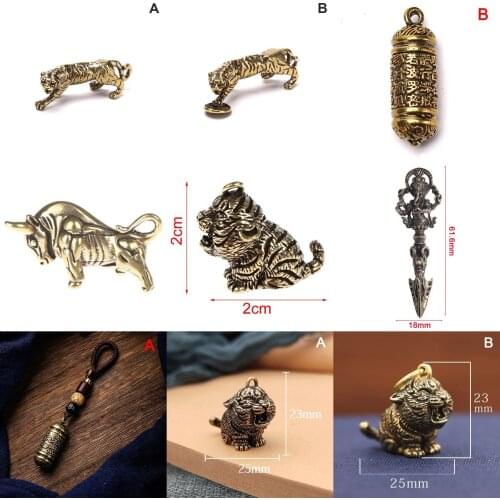 1PCS Solid Copper Tiger Key Chains Vintage Glossy Brass Animal Pendants Trinket Chinese Zodiac Tigers Charms Keychains Ornaments