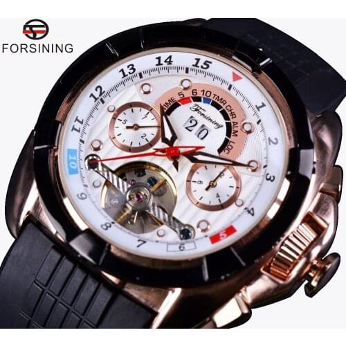 Forsining Multifunction Date Day Display Rose Gold Case Rubber Band Tourbillon Mens Watch Top Brand Luxury Sport Automatic Watch