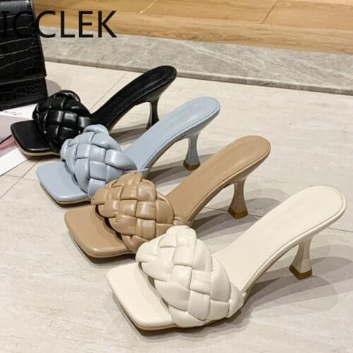 ICCLEK Marian Square Toe Mule Heels Shoe Black PU High Heel Shoes Women Sandals Sliper Woman Shoes Zapatos Mujer Black Blue A020