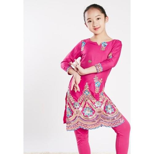 Indian Children Cotton Embroidery Long Sleeve Clothes Bollywood Dance Costume Oriental Dance Costume Folk Dance Wear DQL928