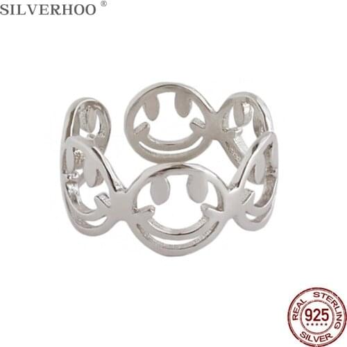 SILVERHOO Simple Ring For Women 925 Sterling Silver Student Trendy Korea Style Smiling Faces Open Adjustable Rings Fine Jewelry