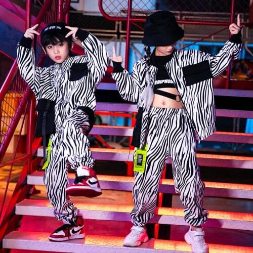 Childrens Hip Hop Dance Costume Zebra Print Tops Pants Long Sleeve Ballroom Hip Hop Jazz Performance Clothes Stage Wear VDB3000