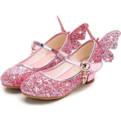 Summer Girls High Heel Princess Sandals Children Shoes Glitter Leather Butterfly Girls Kids Shoes For Party Dress Weddin Party