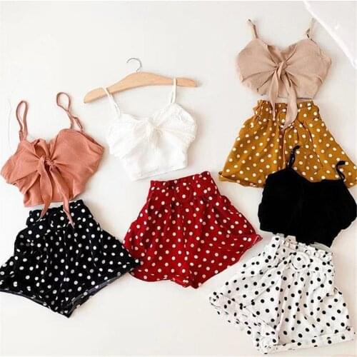 2020 Children Summer Clothing Infant Kids 1-6T Baby Girls Fashion Clothes Bow Vest Crops Tops Polka Dot Shorts With Belt Sunsuit