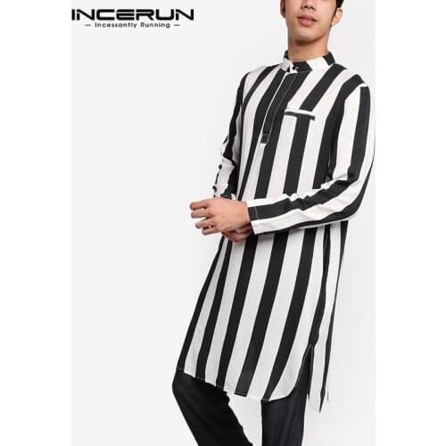 2021 Fashion Men Striped Kurtas Long Shirts Long Sleeve Stand Collar Muslim Katan Streetwear Mens Indian Clothes INCERUN S-5XL