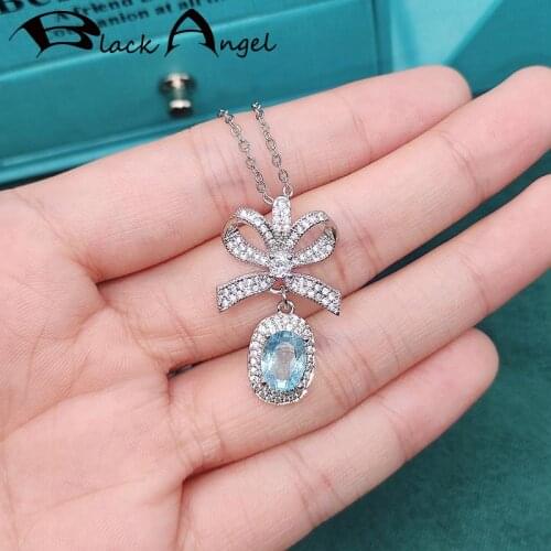 BLACK ANGEL Imitation Sky Blue Topaz Bowknot Pendant Necklace for Women Inlaid Luxury Gemstone Engagement Choker Silver Jewelry