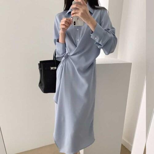 SLPBELY Women Casual Maxi Dress Sring French Retro Solid Lapel Button Long Sleeve Blouse Shirt Elegant Long Dress Sundress New