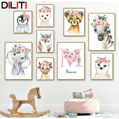 Cusomize Capital Letter Canas Painting Cartoon Animal Pink Swan Quote Posters and Prints Nursery Baby Wall Art for Child Room