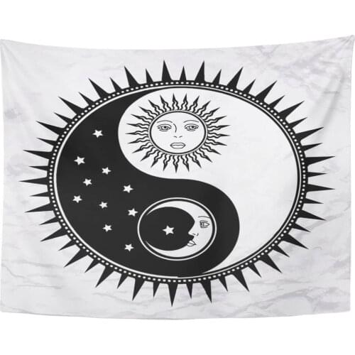 Yin Yang Symbol with Sun Moon Faces Stars Abstract Occult and Mystic Sign Black White Spiritual of Feng Tapestry Home Decor Wall