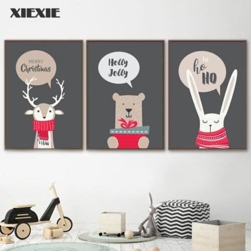 Nordic Posters and Prints Rabbit Bear Deer Gift Scarf Cartoon Wall Art Canvas Painting Animals Wall Pictures for Kids Room Decor