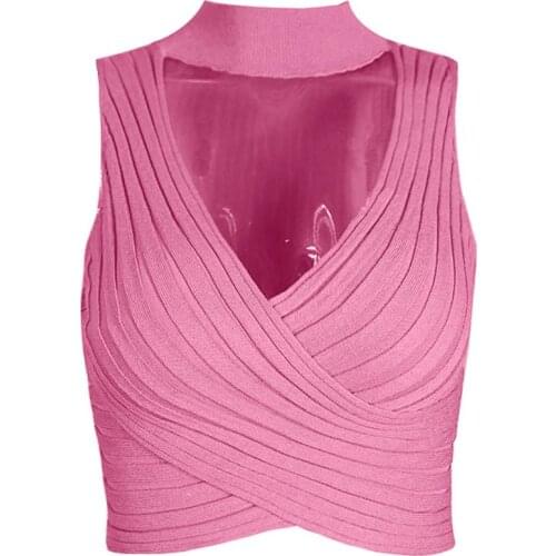 Sexy Tank Tops Women Sleeveless Slim Vest Solid Color Short Shirt bra Halter Deep V Cross top Knitted 2020 Summer Crop Top