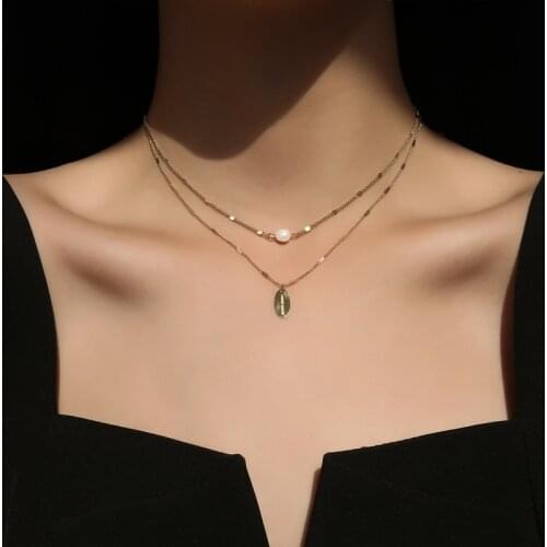 Japan Korea Stainless Steel 2021 Fashion Jewelry 2 Layer Natural Pearl Carving Charms Chain Choker Necklace For Women