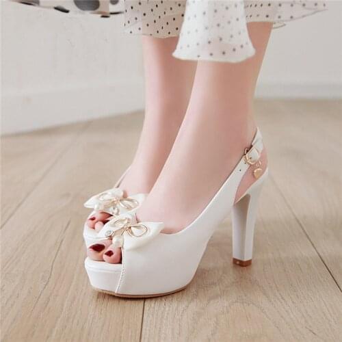 YMECHIC 2019 Fashion Peep Toe Bowtie High Heel Wedding Party Shoes Bride White Black Pink High Heels Pumps Platform Slingbacks