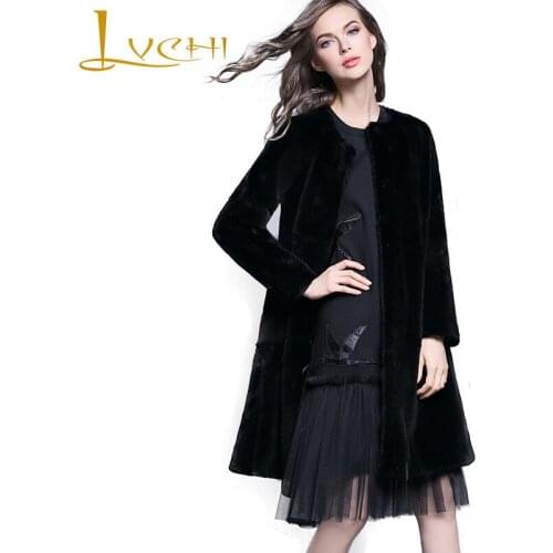 LVCHI Winter 2019 Real Natural Rex Rabbit Fur Coat Womens O-Neck Nine Quarter Medium Causal Office Lady Rex Rabbit Fur Coats