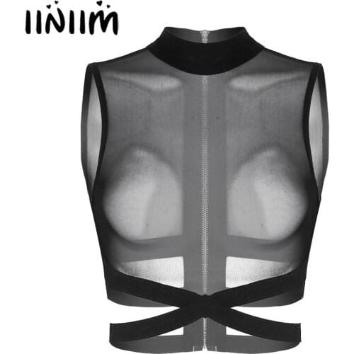 Ladies Womens Tanks Sheer Mesh See-through Transparent Zipper Back Elastic Strappy Criss Cross Crop Top Womens Clothing Camis