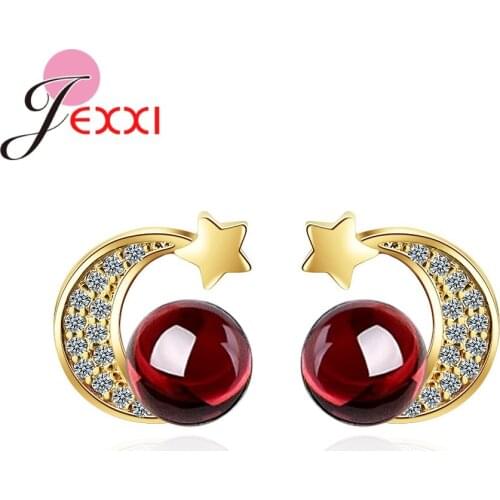 Fashion 925 Sterling Silver Crystal Stud Earrings Red Stones 5A Grade Zircon Moon Star Design Jewelry for Women 2020 Hot Sale