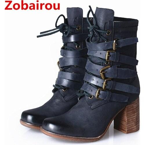 Zobairou chaussure femme winter high heel cowboy boots pink black color lace up rain boots back zip genuine leather shoes woman