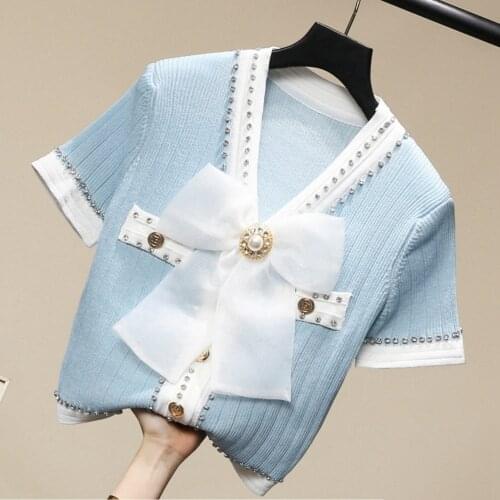 Women Short-sleeve V-neck Pearls Beaded 3D Bowtie Knitted Cardigan Icing Silk Sweater Tees Short Coat Patchwork Jacket Crop Tops