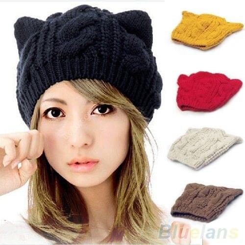 Womens Winter Knit Crochet Braided Cat Ears Beret Beanie Ski Knitted Hat Cap 1PBJ