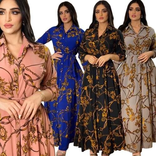 Women Summer Retro Print Muslim Conservative Dubai Abaya Lapel Single-Breasted Long Sleeve Shirt Dress Elegant Musulman Womens