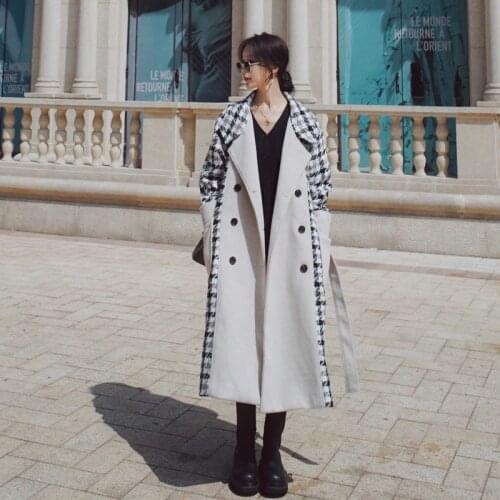 Women Woolen Coat Winter Splicing Plaid Long Korean Loose Casual Big Size Lapel Double Breasted Thick Fashion New Jacket Female
