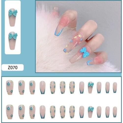 High Quality 24pcs Colorful Flower Printed Nail Patch Glue Type Removable Long Paragraph Fashion Manicure False Nail Patch