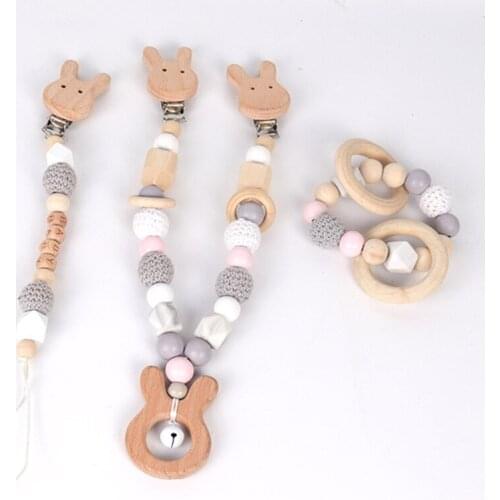 3Pcs/Set Baby Stroller Pendant Rattle Infants Wooden Teether Bracelet Nursing Chewing Toys Pacifier Chain Dummy Clip