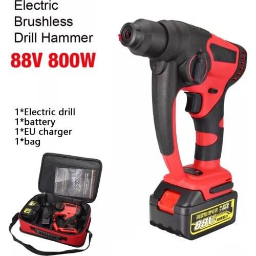 800W 88V Rotary Hammer Drill Rechargeable Electric Hammer Impact Drill Power Tools Brushless Cordless With 10000mAh Battery