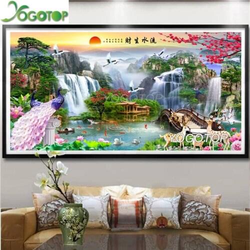 Large waterfall pine diy diamond painting peacocks deer mosaic diamant embroidery Bird swan fish sunrise bridge scenery YY3371