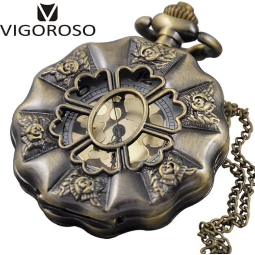 Antique Bronze Quartz Pocket Watch Vintage Style Necklace Watch Pendant Chain Hollow Clock Xmas Gift