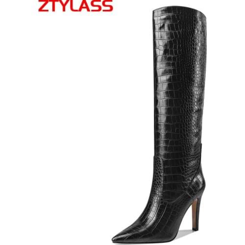 Brand Women Boots Fashion Thin High Heel Knee High Boots Faux Leather Long Boots Pointed Toe Autumn Winter Shoes
