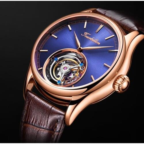 Luxury Business Men Tourbillon Mechanical Watch Blue Dial Hand-Winding Tourbillon Mens Wristwatch Leather Reloj De Hombre 2021