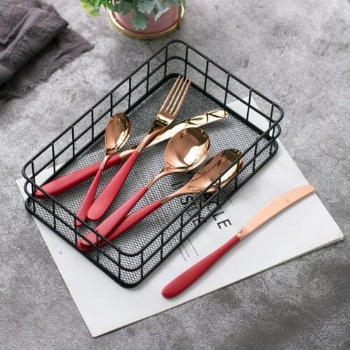 Hot sale crescent shape craft golden plating cutlery gold style red knife 304 stainless steel fork spoon 4pcs tableware set