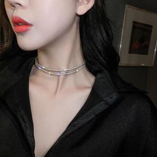 Korean fashion simple Rhinestone womens double necklaces declaration luxury neckline Crystal Necklace Party Gift